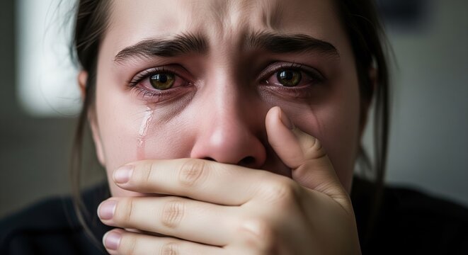 Sad Young Woman Wiping Tears From Her Face With Hand Covering Mouth In Emotional Closeup Showing Red Eyes And Deep Sorrow Expression
