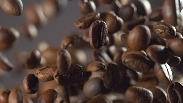 Coffee beans falling through the air in slow motion