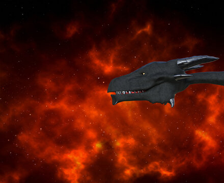 3d illustration of the neck and head of a horned dragon with mouth slightly open against a fiery red sky background.