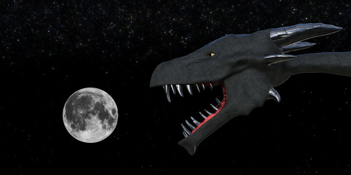 3d illustration of the neck and head of a horned dragon with mouth open against a night sky with stars and moon.