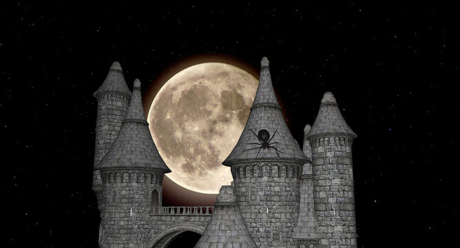 3d illustration of a castle with a large spider crawling on a rooftop against full moon night sky.