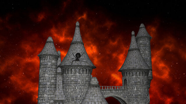 3d illustration of a castle with a large spider crawling on a rooftop against a fiery red sky.