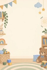 Fototapeta premium Cozy nursery playroom background template with teddy bear, plush bunny, toys basket, wooden blocks and copy space