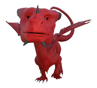 3d illustration of a red dragon with black eyes and horns looking forward isolated on a white background.