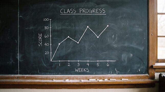 Class progress chart drawn with chalk on framed chalkboard tracking student test scores over six weeks