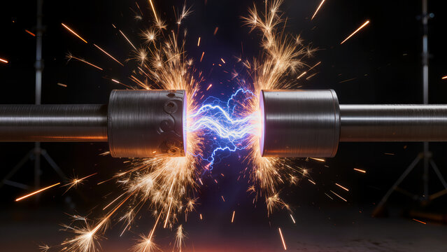 Electric and thermal conduction experiment with titanium bars, bright plasma arcs and golden sparks explosion on a dark background
