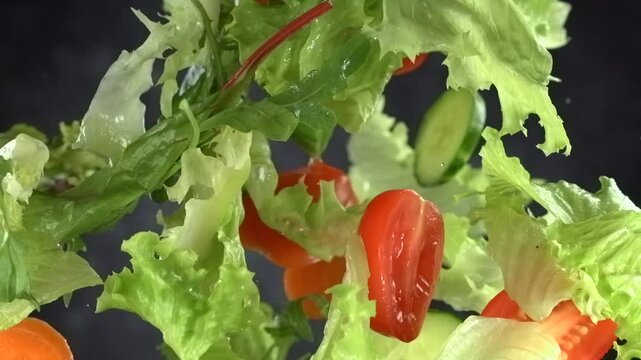 Fresh green salad with tomatoes flying in air in super slow motion