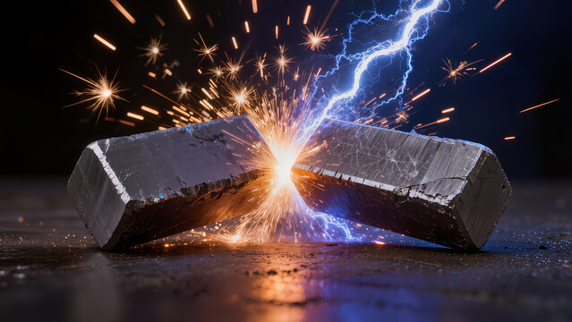 Electric and thermal conduction experiment with titanium bars, bright plasma arcs and golden sparks explosion on a dark background