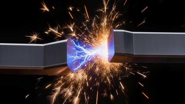 Electric and thermal conduction experiment with titanium bars, bright plasma arcs and golden sparks explosion on a dark background
