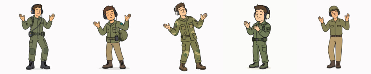 Obraz premium A set of vector illustrations featuring a male soldier listening to music on headphones, with his hands raised as he enjoys the song.