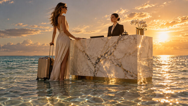 Surreal travel scene of an elegant woman checking in at a marble hotel reception desk in shallow sea at sunset, ideal for luxury, hospitality, tourism and creative advertising.