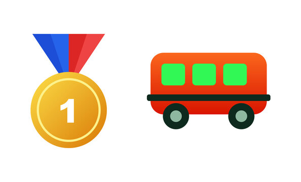 Gold first place winner medal on ribbon beside red cartoon school bus transport.