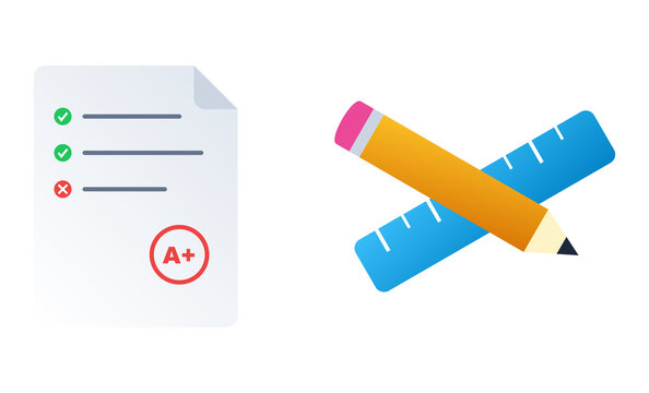 School exam paper with outstanding grade alongside crossed pencil and blue ruler.