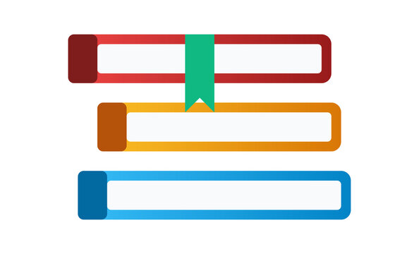 Three stacked colorful academic books with green bookmark for school curriculum.