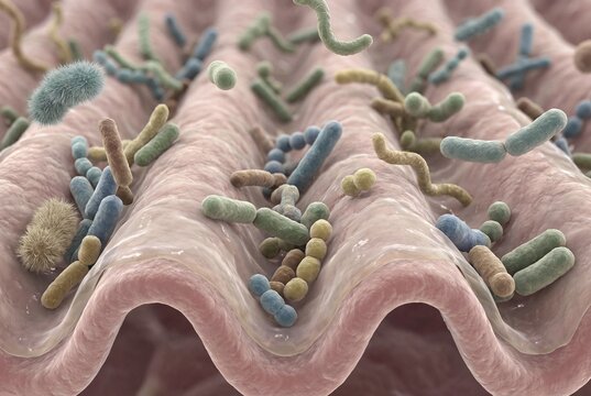 3D Render of Human Gut Microbiome with Diverse Probiotic Bacteria on Intestinal Wall