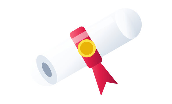 White graduation scroll tied with red ribbon and gold seal for academic achievement.