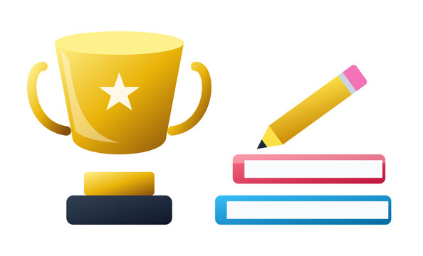 Golden trophy cup with pencil and notebooks for academic excellence and study goals.