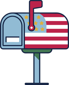 American Flag Patterned Mailbox Vector Illustration with Raised Red Flag for US Postal Service, Independence Day, and Patriotic Delivery Graphic Designs