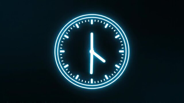 Digital clock face with neon blue light glowing in darkness showing time concept