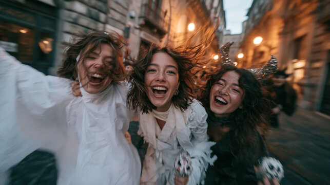 Joyful Friends in Costumes Celebrating Halloween at Night