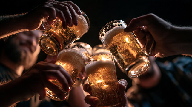 Friends Toasting with Beer Glasses in Pub Celebrating