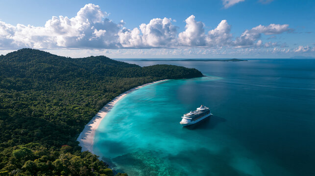 Cruise Ship Anchored Near Tropical Island Beach