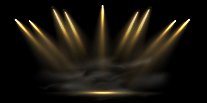 Vector golden spotlights with smoke effect. Studio lighting. Gold light source, bright beams with spotlights. Vector isolated on transparent background.