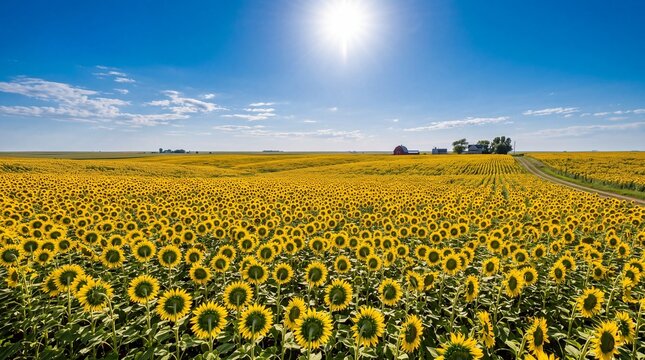 Sunflower Field Under Bright Sun in Rural Farmland