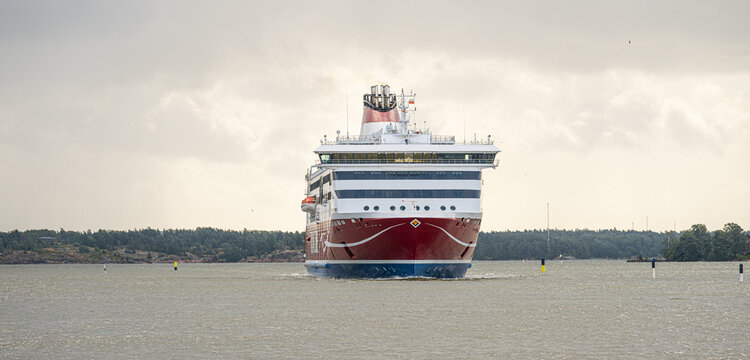 Helsinki, Finland - August 06 2025: Large Passenger Cruise Ship Viking XPRS arriving port.