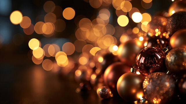 Golden Christmas Ornaments with Warm Bokeh Holiday Lights