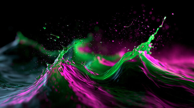 Abstract Neon Fluid Splash Waves on Black Background