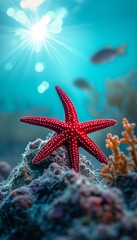Obraz premium Stunning vibrant red starfish resting on a coral reef in turquoise ocean water illuminated by sun
