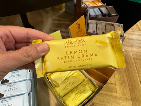 Las Vegas, Nevada - September 6, 2026: Lemon Stain Creme Dark Chocolate Ethel M's Chocolate bars for sale at their Vegas Factory store
