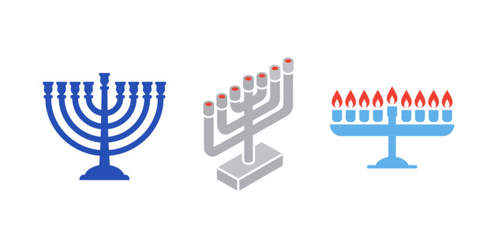 Hanukkah menorah solid vector icon set. Traditional, modern, and lit candelabra silhouettes.