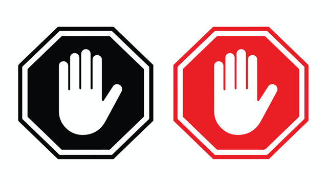 Two octagonal stop signs with hand symbols in black and red vector illustration