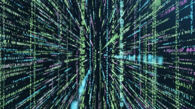 Digital data streams flowing with neon light through a dark abstract cyberspace tunnel