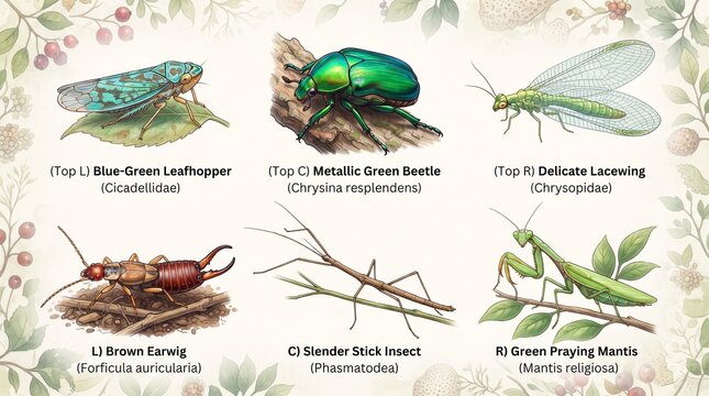 Scientific educational illustration showcasing six diverse insects and adaptations, including caterpillars, beetles, grasshoppers, stick insects, and praying mantises, detailed natural history textboo