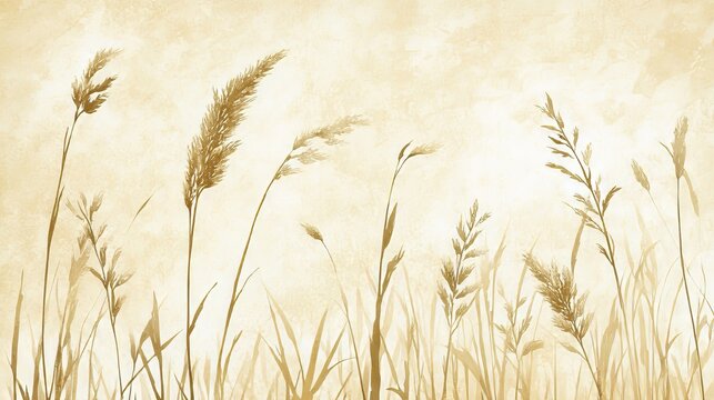 Minimalist Watercolor meadow art with airy golden stalks in a soft muted biege and white background.