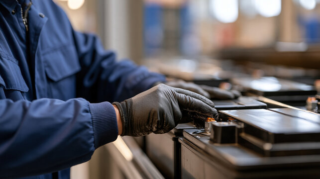 Close-up of corroded battery terminals inside an aging uninterruptible power supply room, a gloved maintenance worker brushing residue from lead contacts, preventive maintenance