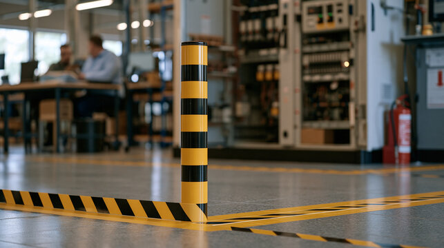 Close up of arc flash boundary tape on the floor in front of open energized switchgear inside a manufacturing plant electrical room, hazard demarcation, electrical safety zone,