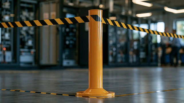 Close up of arc flash boundary tape on the floor in front of open energized switchgear inside a manufacturing plant electrical room, hazard demarcation, electrical safety zone,