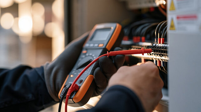 Close up of a gloved hand testing voltage with a digital multimeter probe inserted into a live terminal block inside an open electrical panel, warning labels visible, shallow