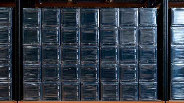 Stacks of LTO tape storage boxes in sealed plastic wrapping inside a temperature-monitored warehouse shelf, bulk media inventory, enterprise procurement supply chain, IT storage