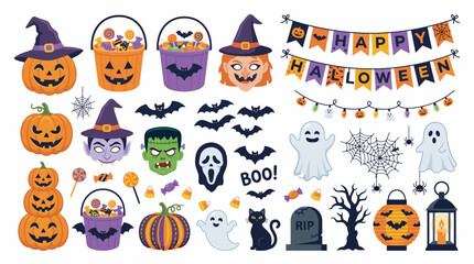 Naklejka premium Cute Halloween Vector Illustration Set Featuring Jack-O-Lanterns, Ghosts, Bats, and Spooky Party Decorations for Holiday Design