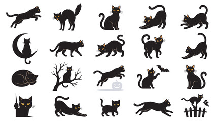 Obraz premium Collection of black cats in various poses with yellow eyes for halloween design elements