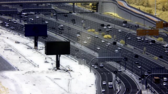 An infrared timelapse shows busy car traffic flowing along a multi lane highway past large blank billboards