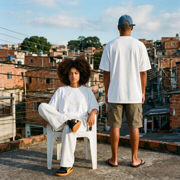Homem e mulher negros na laje de casa na favela no Brasil