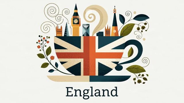 Flat design cup with tea leaves, art style, English