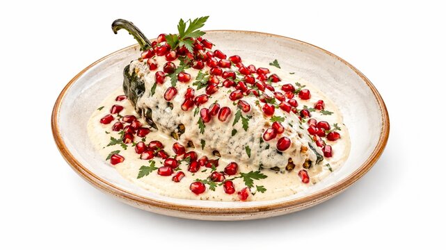 Chiles en Nogada stuffed pepper with walnut white sauce, pomegranate, and parsley isolated on white background