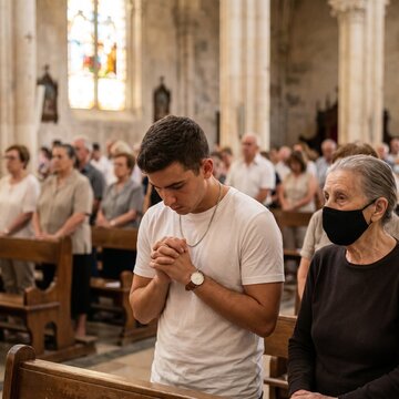 Homem rezando na missa na igreja cat&oacute;lica
